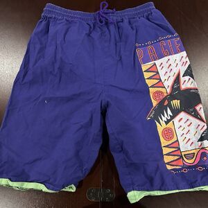 VTG 1980s  Pacific Heat Men’s Canvas Surf Shorts Neon Purple Green 80s Retro M